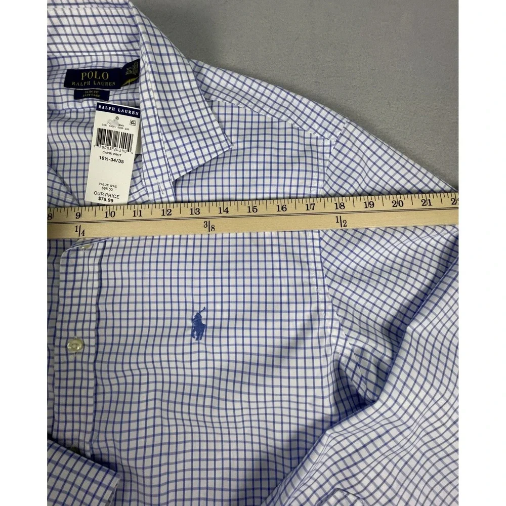 Polo Ralph Lauren Shirt Mens 16.5 34/35 Blue White Check Slim Fit Easy Care